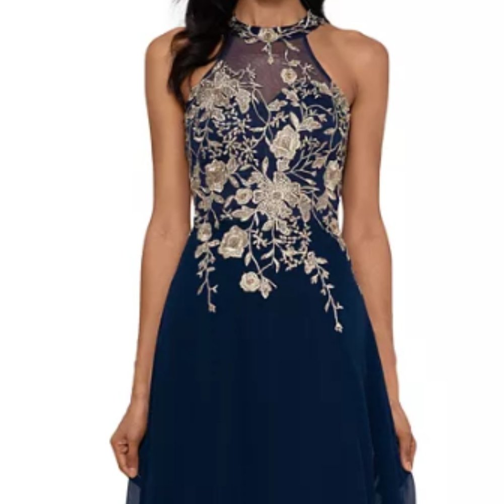 Betsy & Adam Navy and Gold Floral Prom Dress